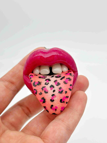 Artistic Magenta Lips with Pink Cheetah Print Tongue - Handcrafted Polymer Clay Sculpture by ioArtStudio