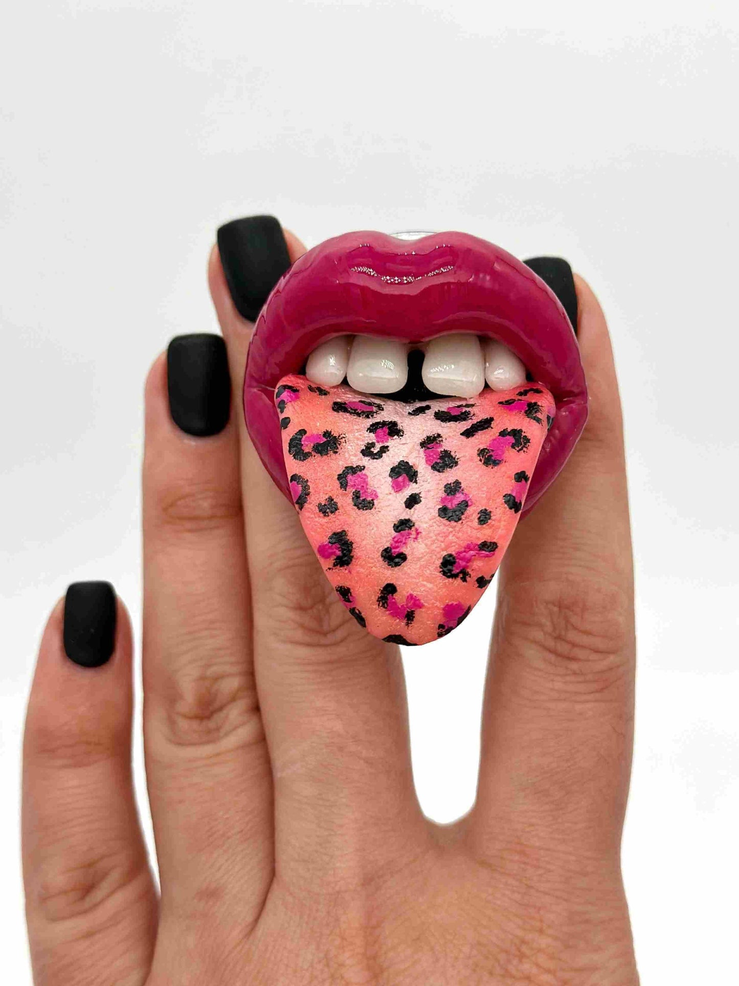 Artistic Magenta Lips with Pink Cheetah Print Tongue - Handcrafted Polymer Clay Sculpture by ioArtStudio