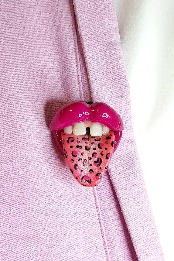 Artistic Magenta Lips with Pink Cheetah Print Tongue - Handcrafted Polymer Clay Sculpture by ioArtStudio