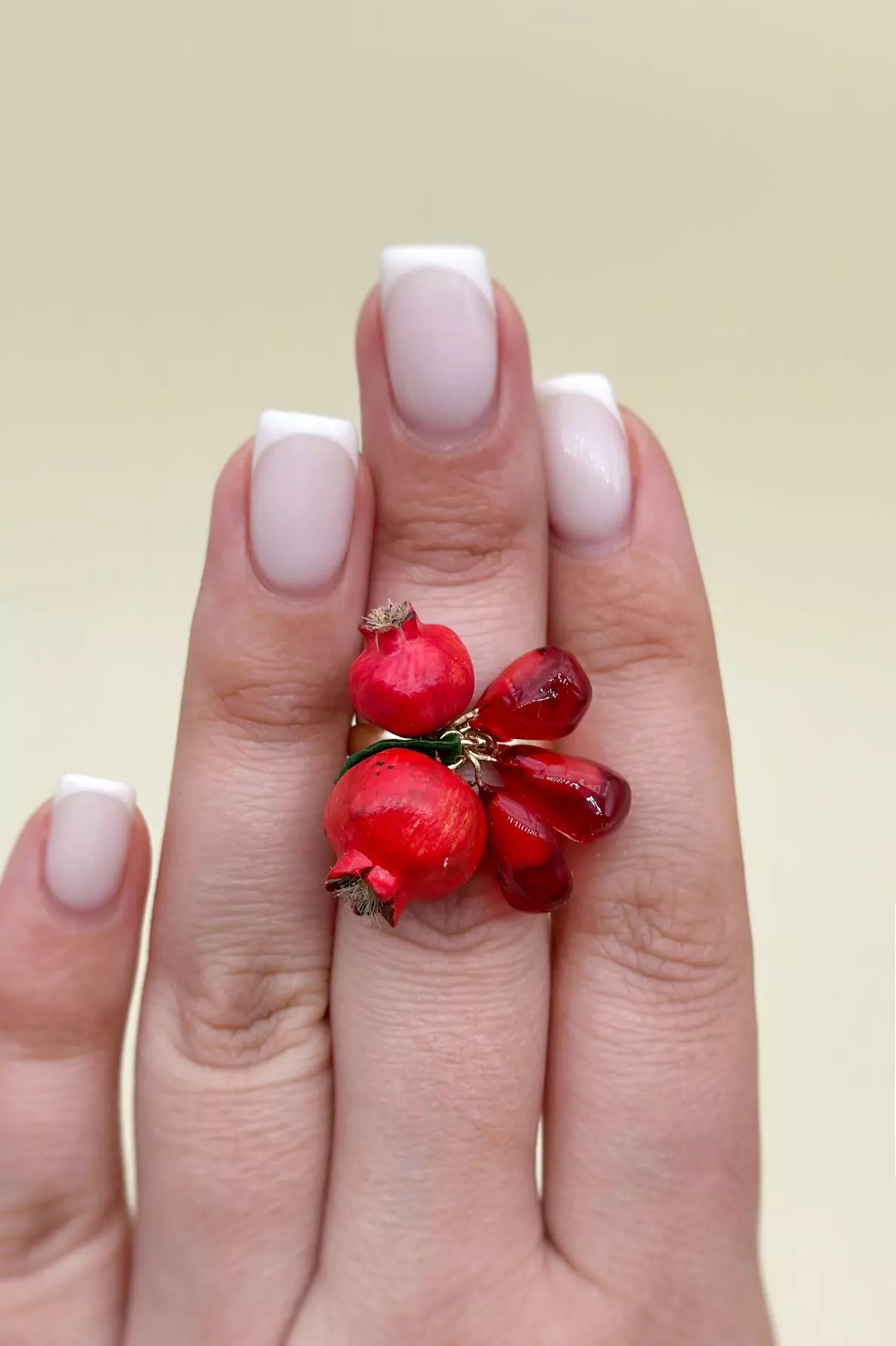 Handmade polymer clay Pomegranate Adjustable Ring, a unique and eye-catching wearable art by ioArtStudio