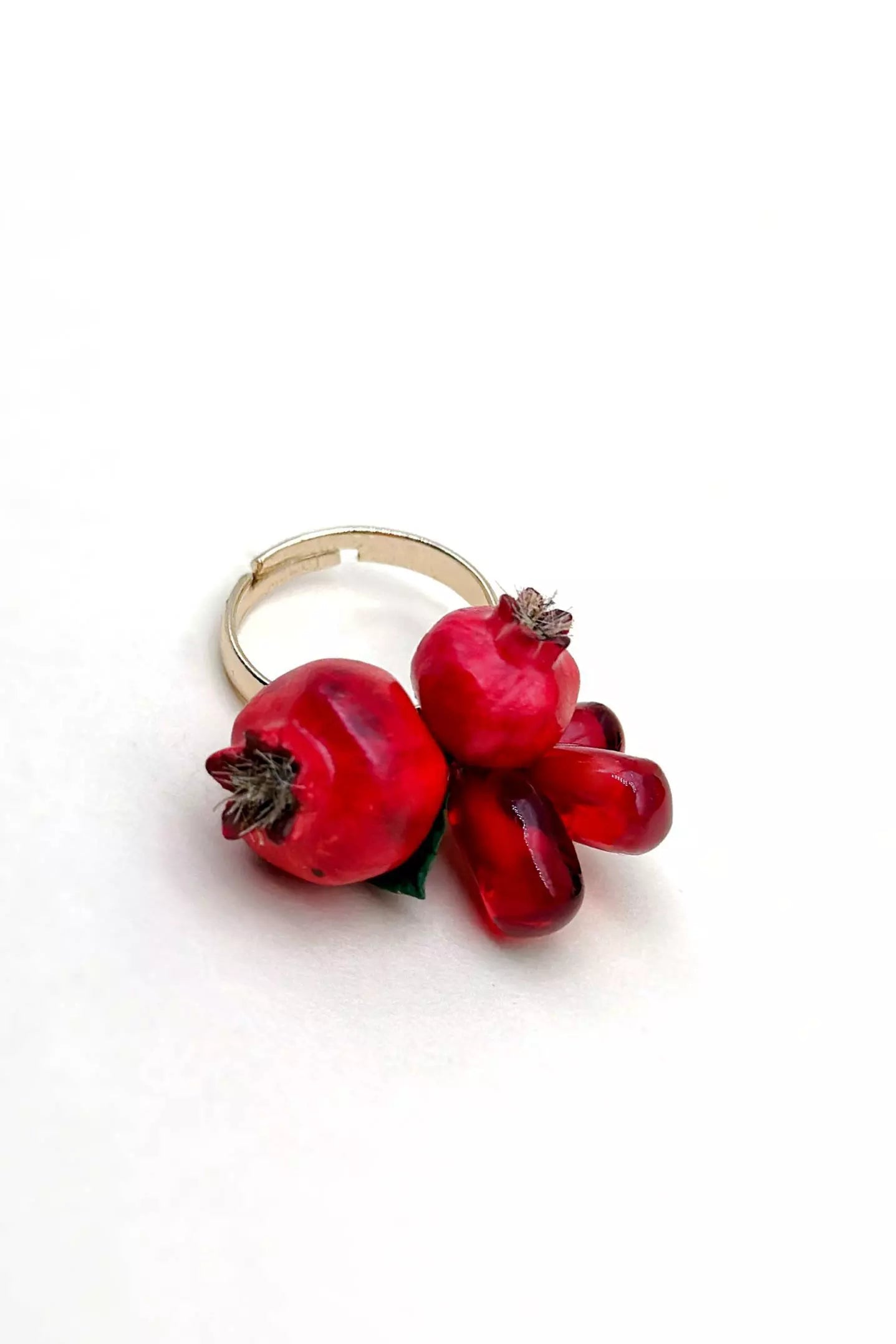 Handmade polymer clay Pomegranate Adjustable Ring, a unique and eye-catching wearable art by ioArtStudio