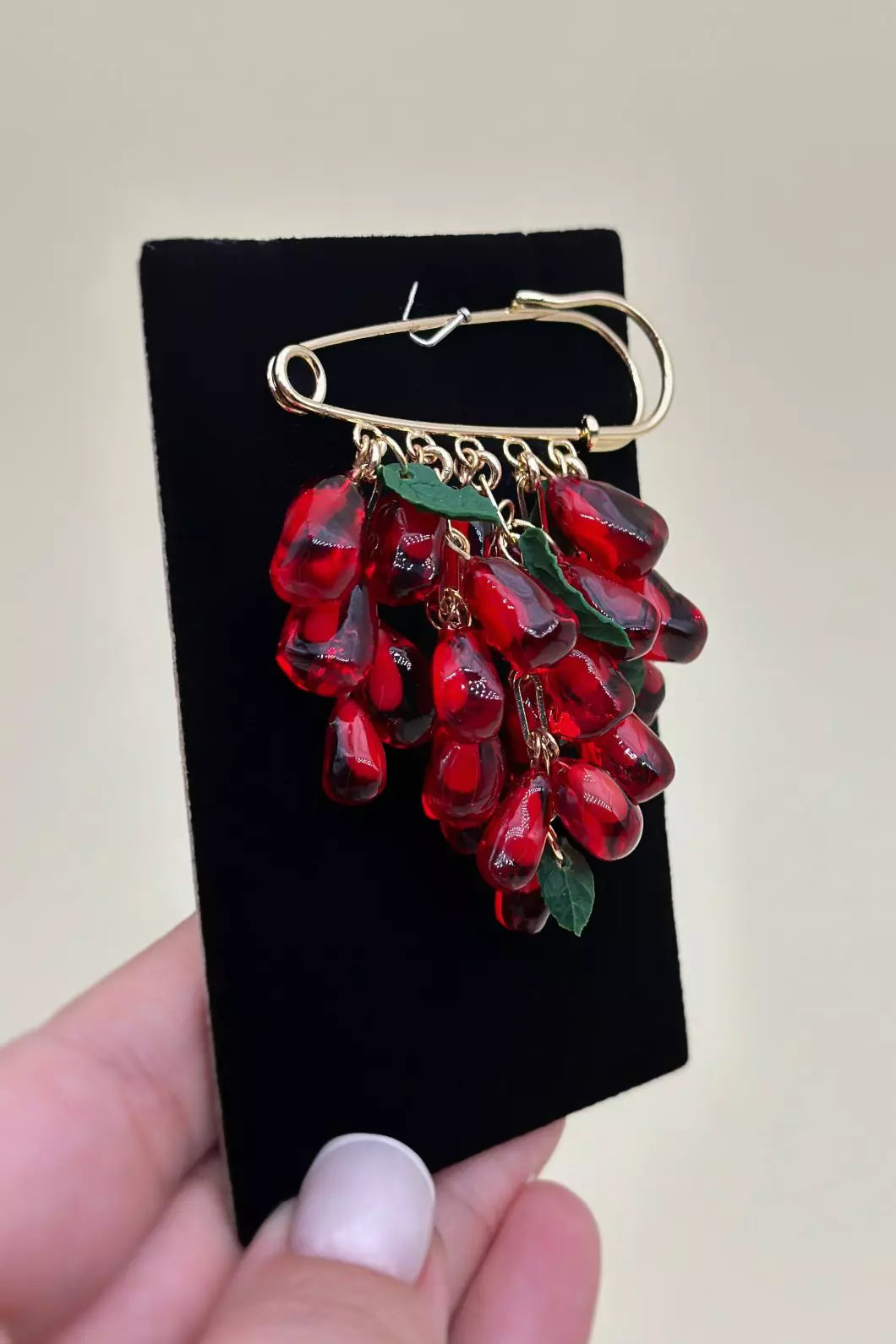 Pomegranate Arils Safety Pin  handmade  wearable art piece, crafted from polymer clay and epoxy resin  by ioArtStudio