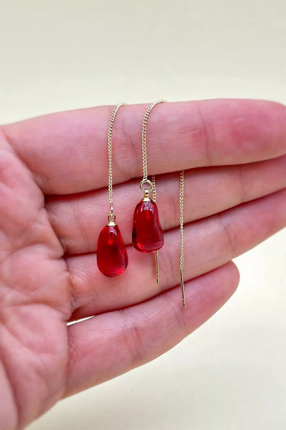 Pomegranate Arils Threaded  Earrings: Resin, gold-plated Chain earrings capturing natural beauty with artisanal charm by ioArtStudio