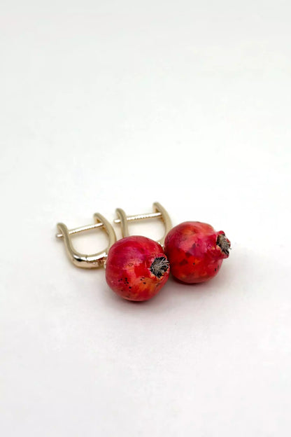 Handmade polymer clay Pomegranate Dangle Earrings, a unique and eye-catching wearable art by ioArtStudio