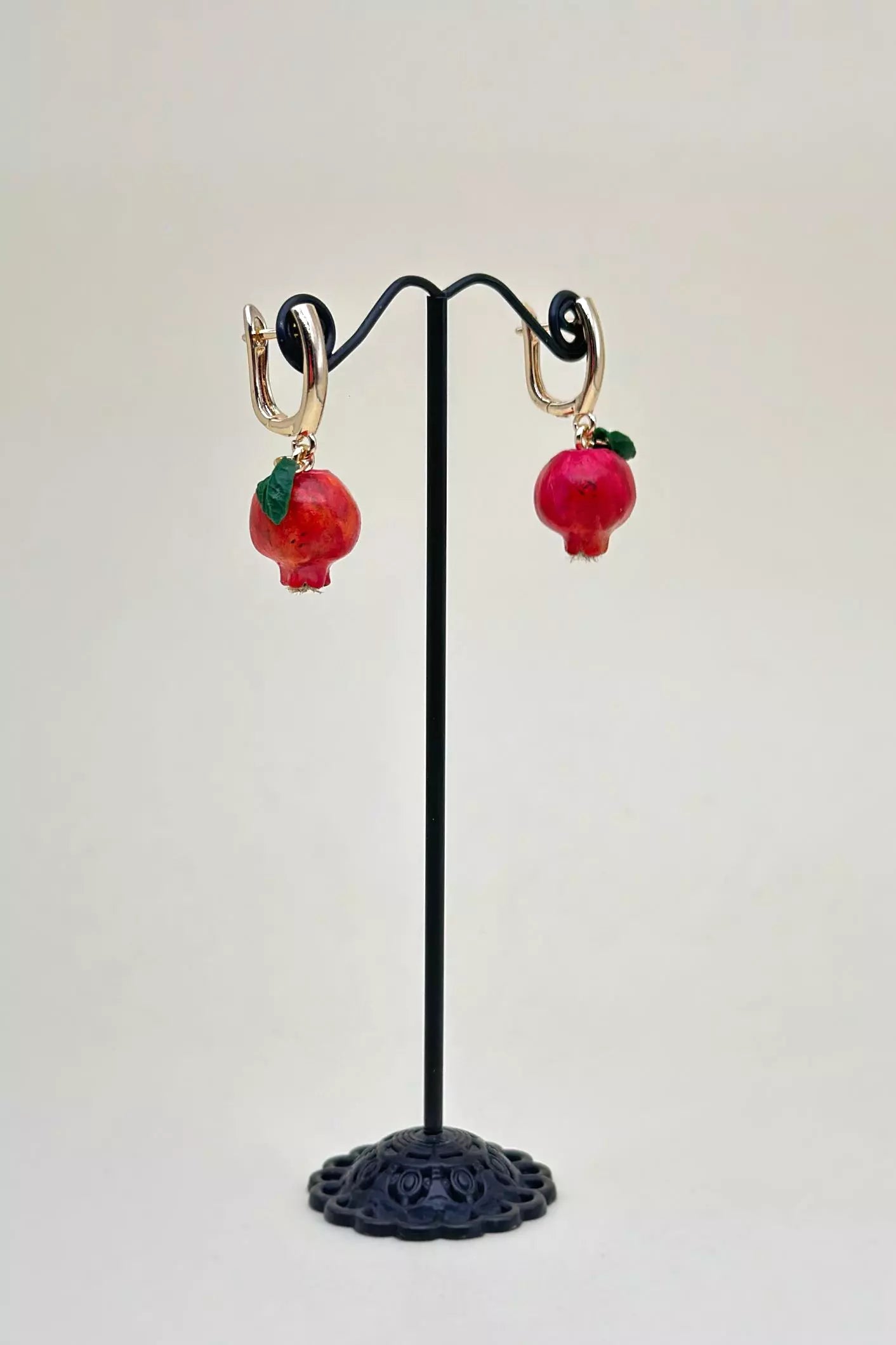 Handmade polymer clay Pomegranate Dangle Earrings, a unique and eye-catching wearable art by ioArtStudio