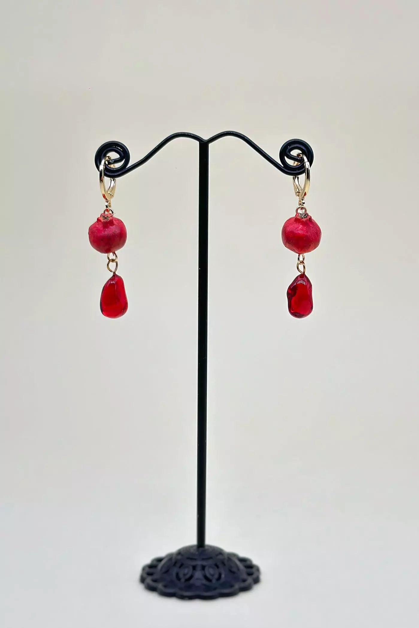 Pomegranate Drop Earrings   handmade  wearable art piece, crafted from polymer clay and epoxy resin  by ioArtStudio