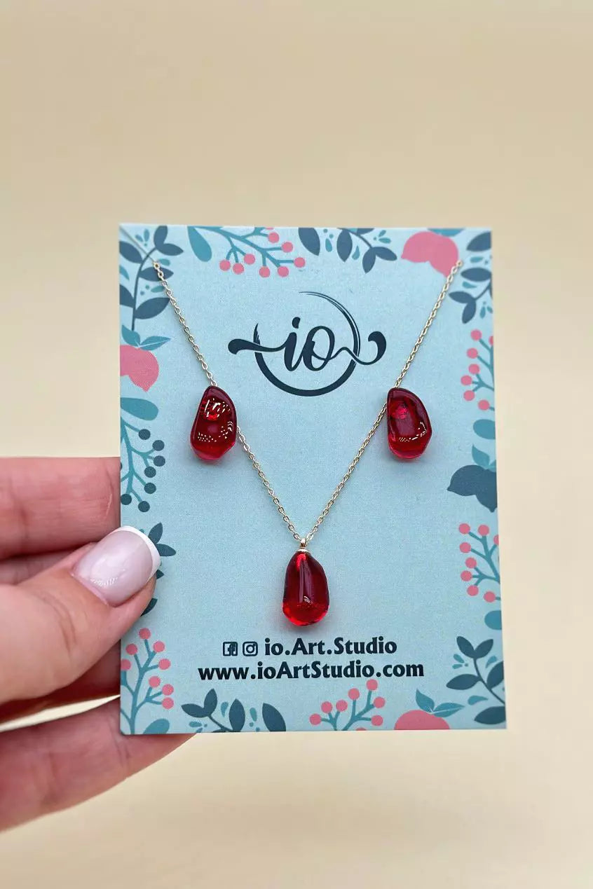 Handmade Pomegranate Necklace and Earring Set, vibrant epoxy jewelry by ioArtStudio