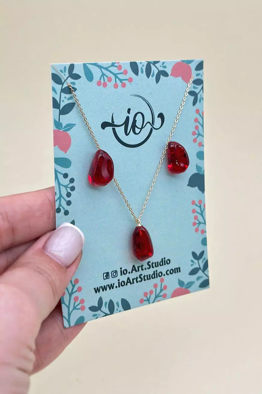 Handmade Pomegranate Necklace and Earring Set, vibrant epoxy jewelry by ioArtStudio