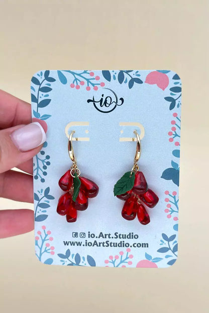 Art resin Pomegranate Seed Dangle Earrings with drop design, made from polymer clay and epoxy resin |ioArtStudio