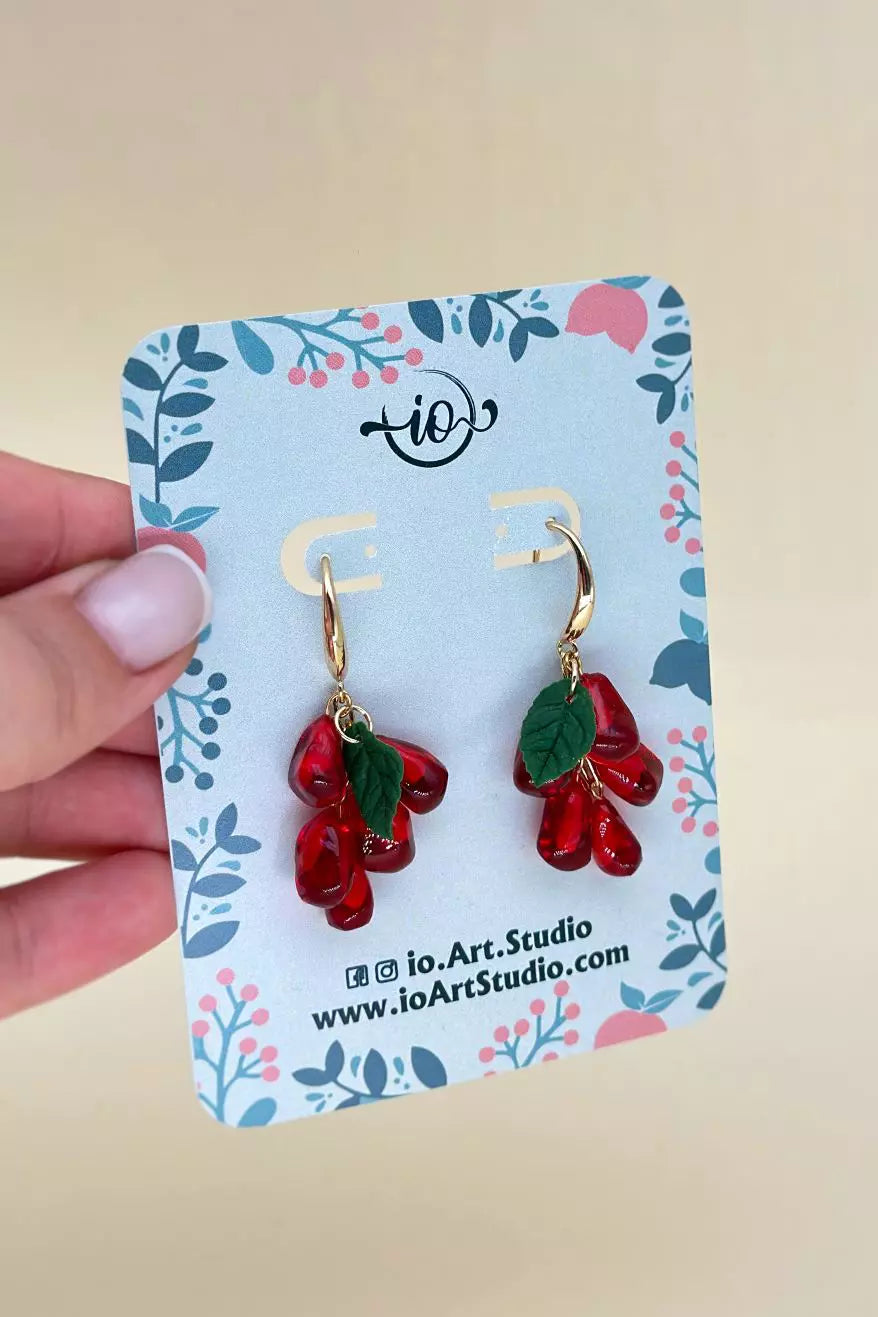 Art resin Pomegranate Seed Dangle Earrings with drop design, made from polymer clay and epoxy resin |ioArtStudio