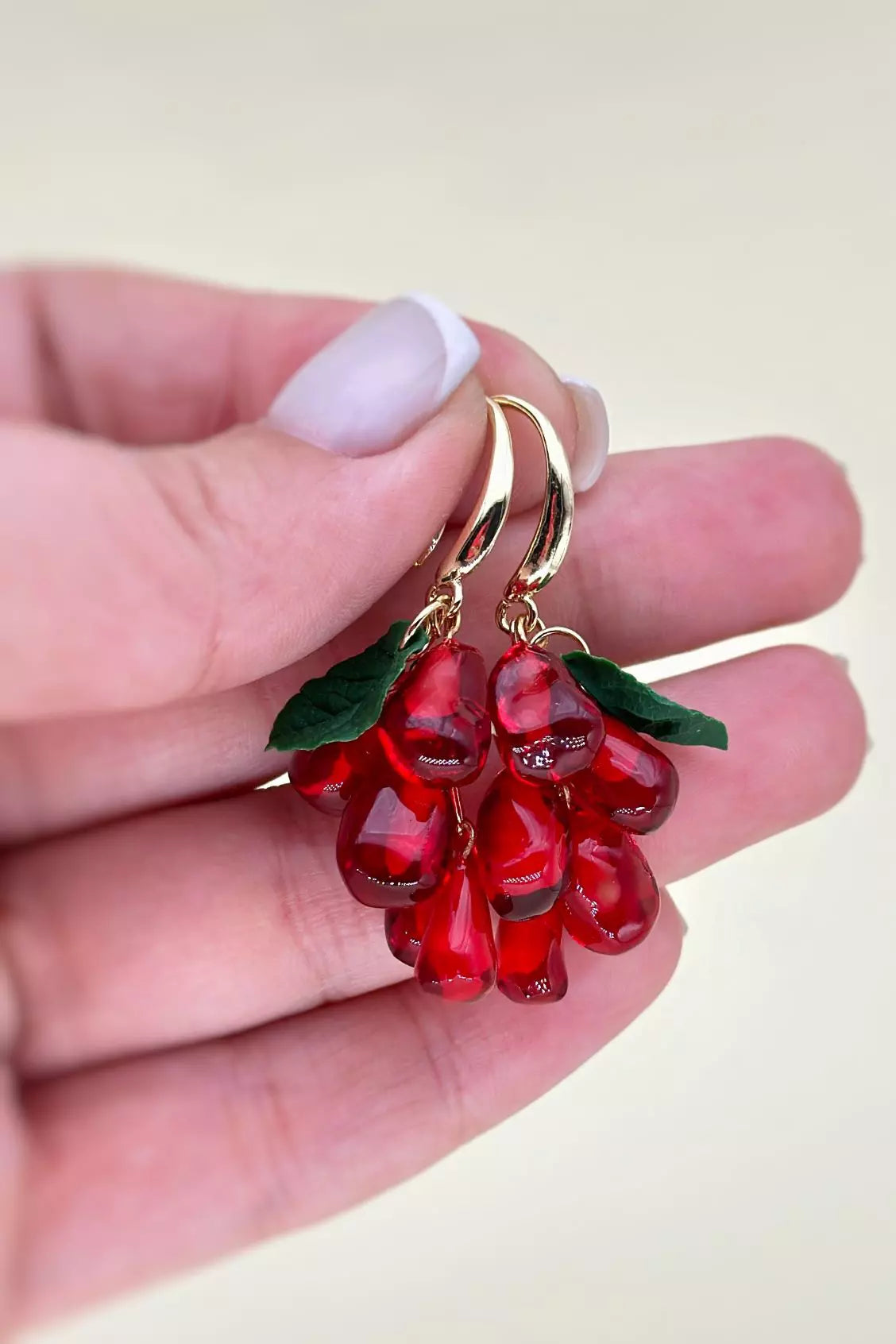 Art resin Pomegranate Seed Dangle Earrings with drop design, made from polymer clay and epoxy resin |ioArtStudio