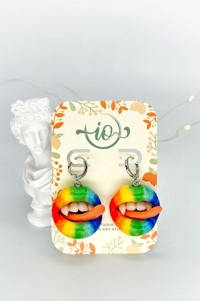 Rainbow Jewelry:  Lips Dangle Earrings  handmade wearable art piece, crafted from polymer clay  by ioArtStudio