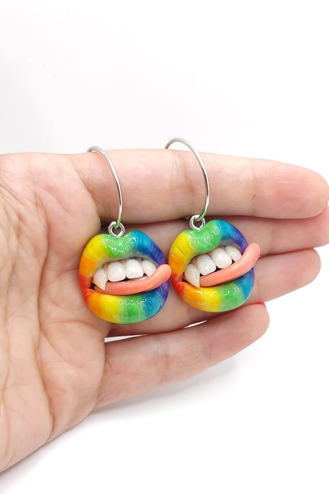 Rainbow Jewelry:  Lips Dangle Earrings  handmade wearable art piece, crafted from polymer clay  by ioArtStudio