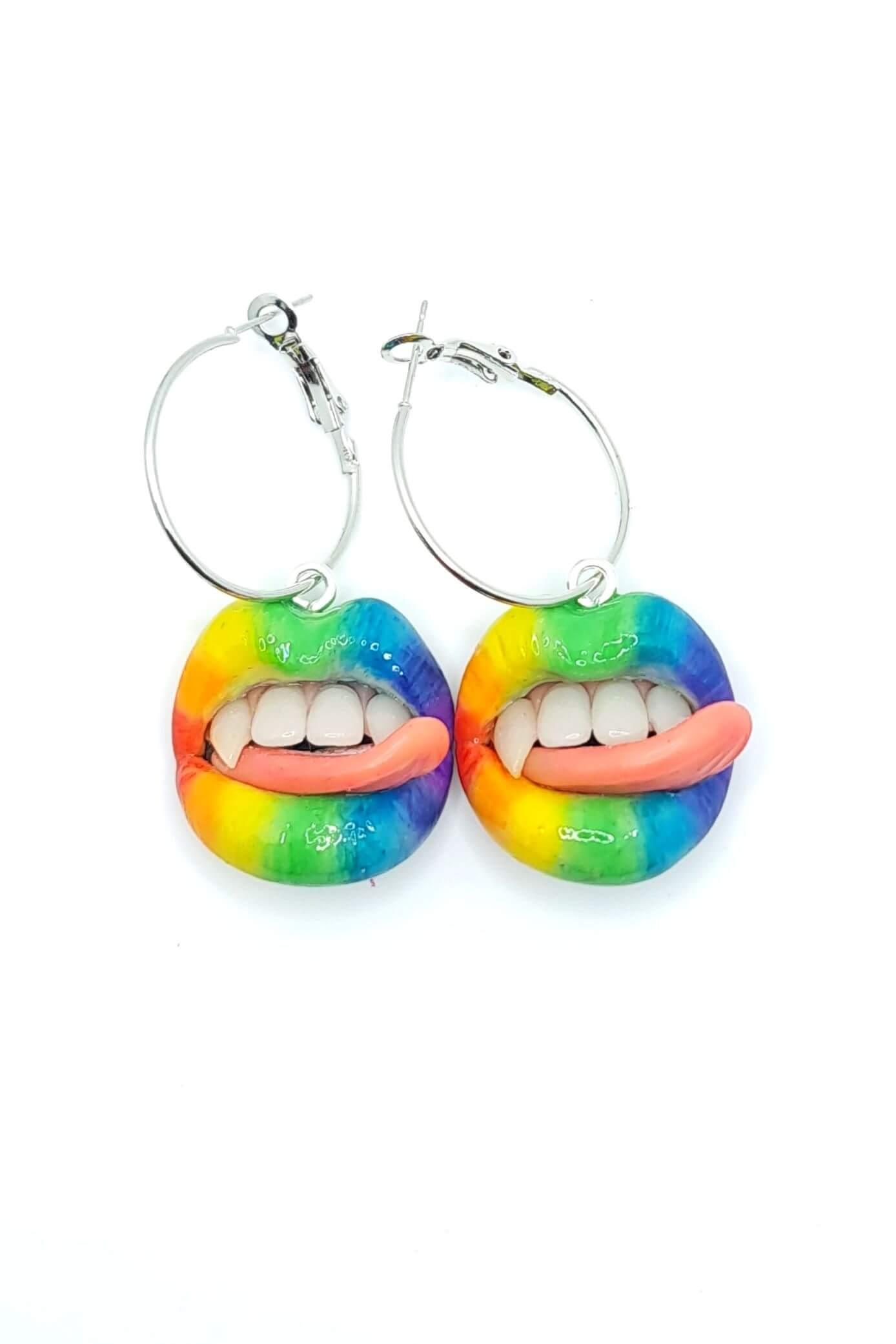 Rainbow Jewelry:  Lips Dangle Earrings  handmade wearable art piece, crafted from polymer clay  by ioArtStudio