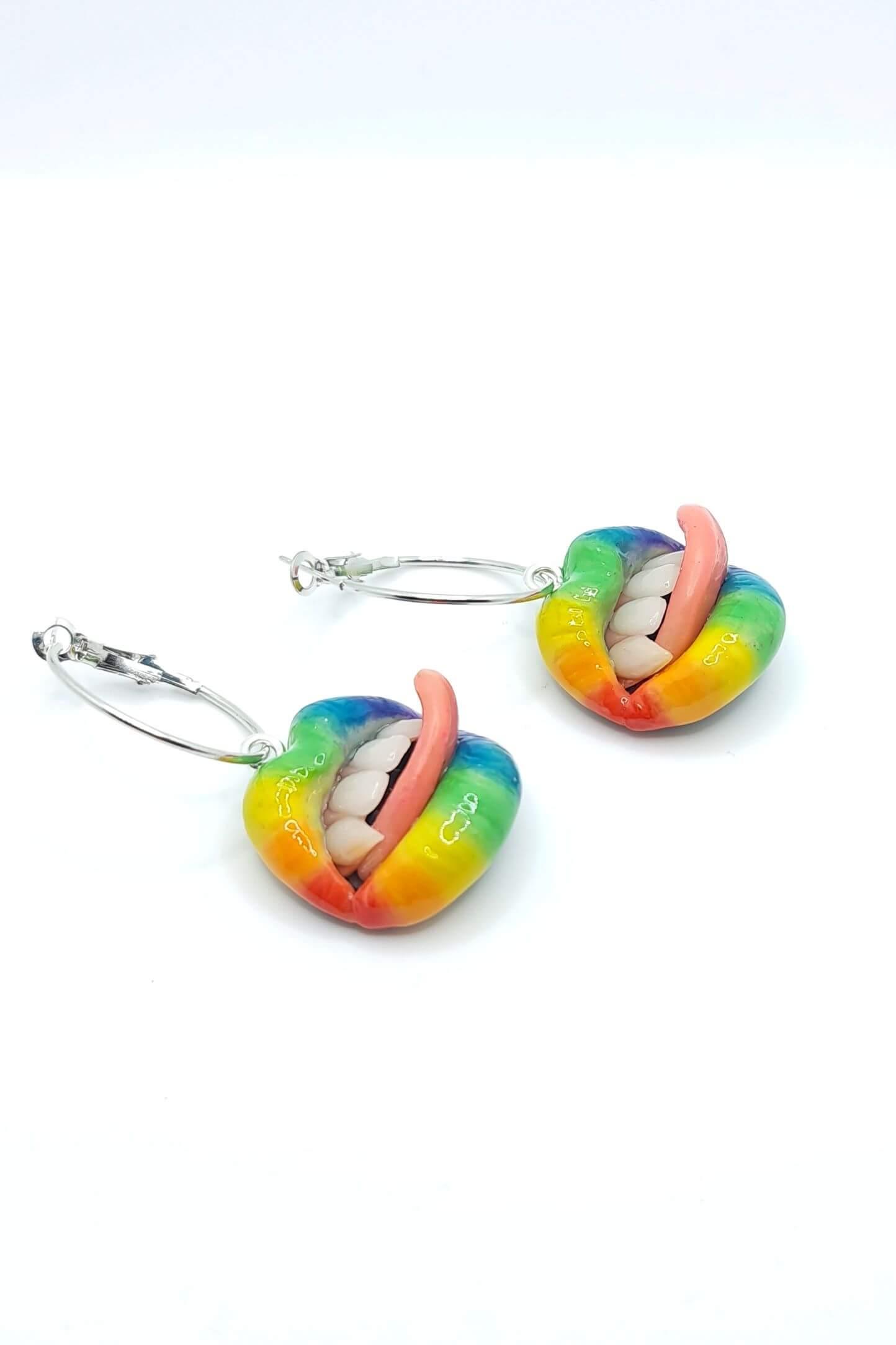 Rainbow Jewelry:  Lips Dangle Earrings  handmade wearable art piece, crafted from polymer clay  by ioArtStudio