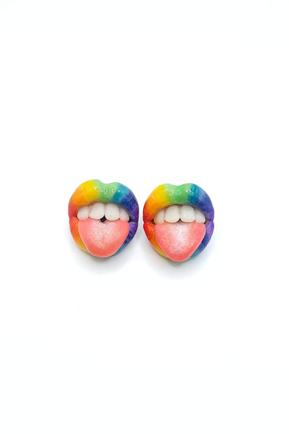 Rainbow Lips Collar Pins and Stud Earrings, expertly handmade from polymer clay by ioArtStudio