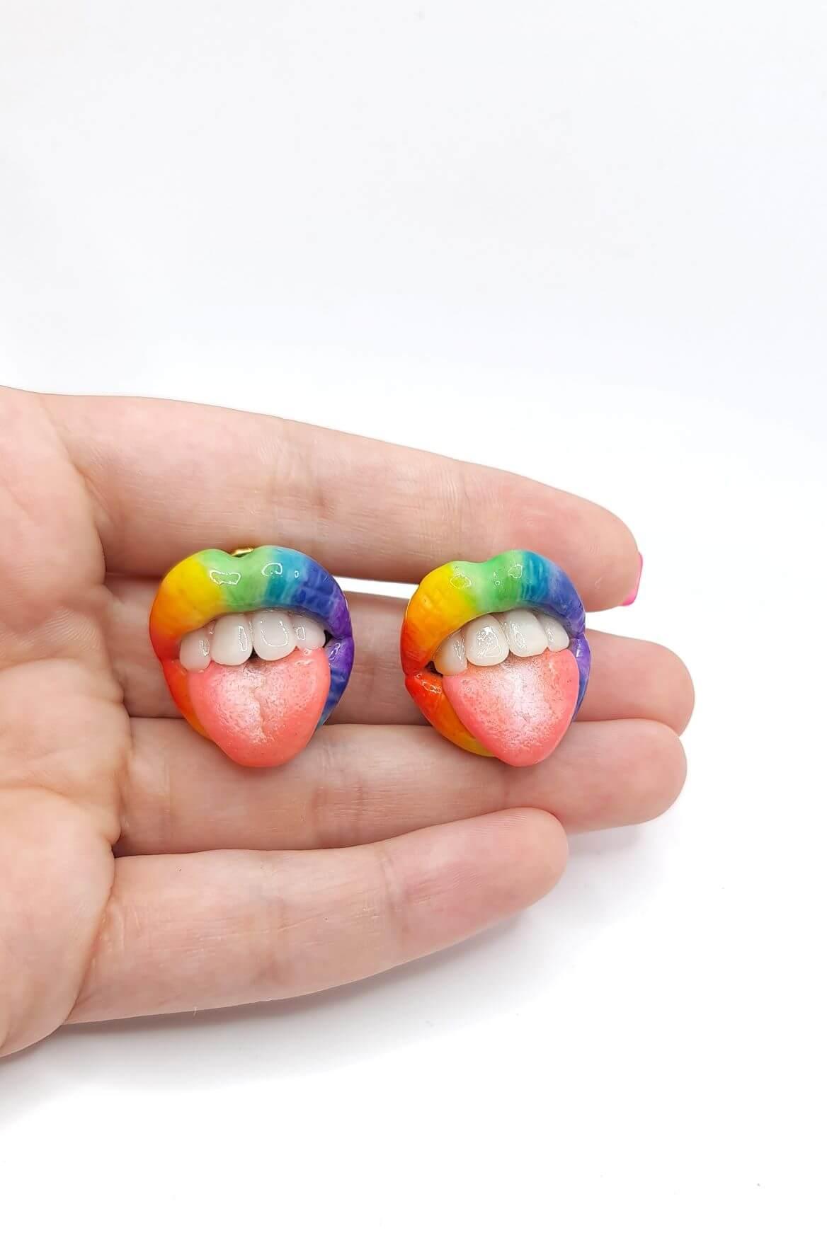 Rainbow Lips Collar Pins and Stud Earrings, expertly handmade from polymer clay by ioArtStudio