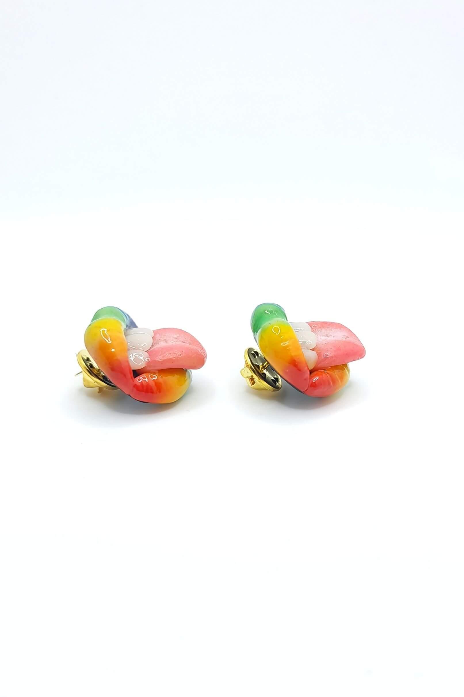 Rainbow Lips Collar Pins and Stud Earrings, expertly handmade from polymer clay by ioArtStudio