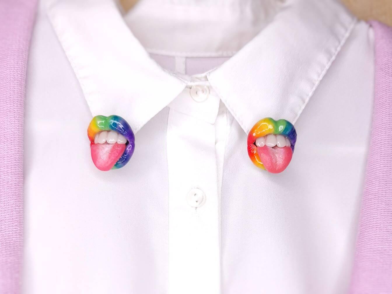 Rainbow Lips Collar Pins and Stud Earrings, expertly handmade from polymer clay by ioArtStudio