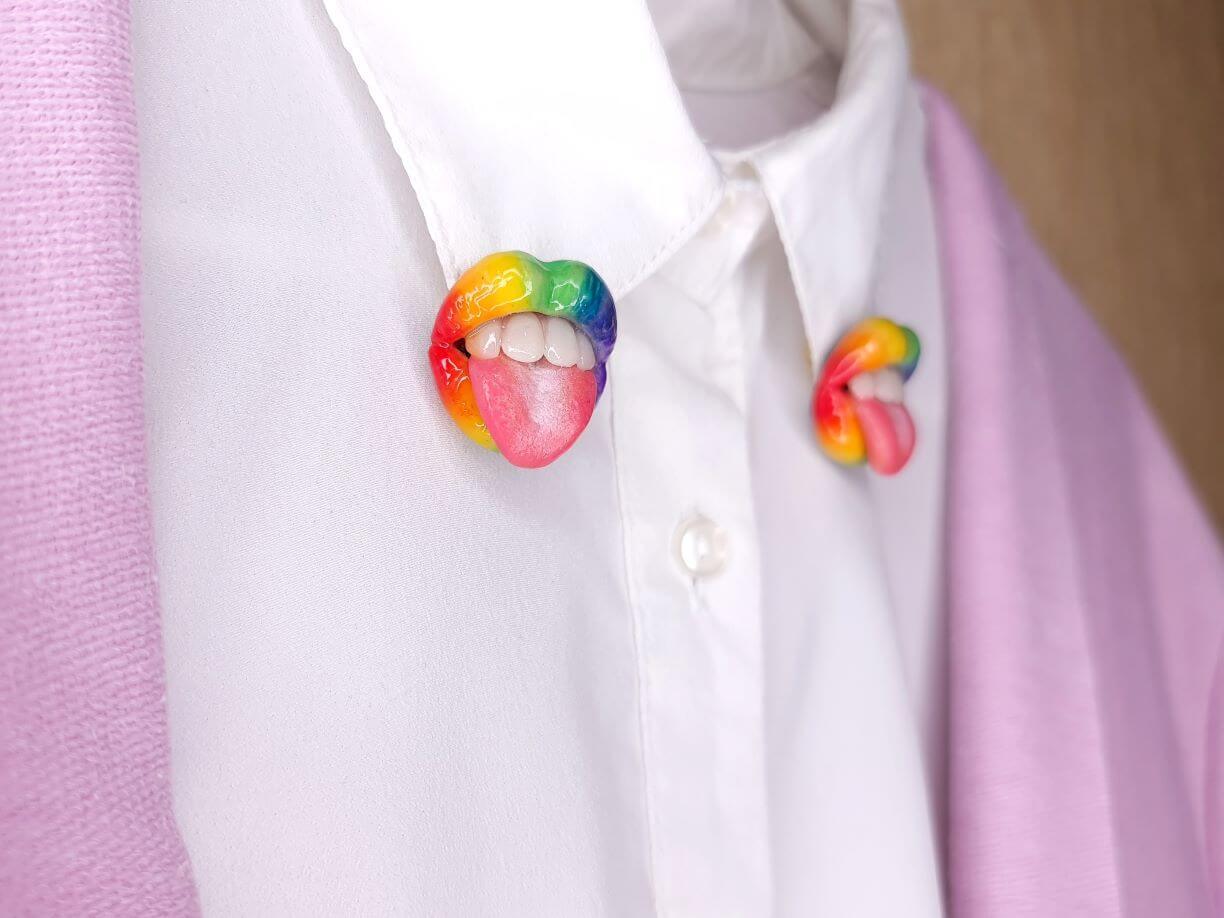 Rainbow Lips Collar Pins and Stud Earrings, expertly handmade from polymer clay by ioArtStudio