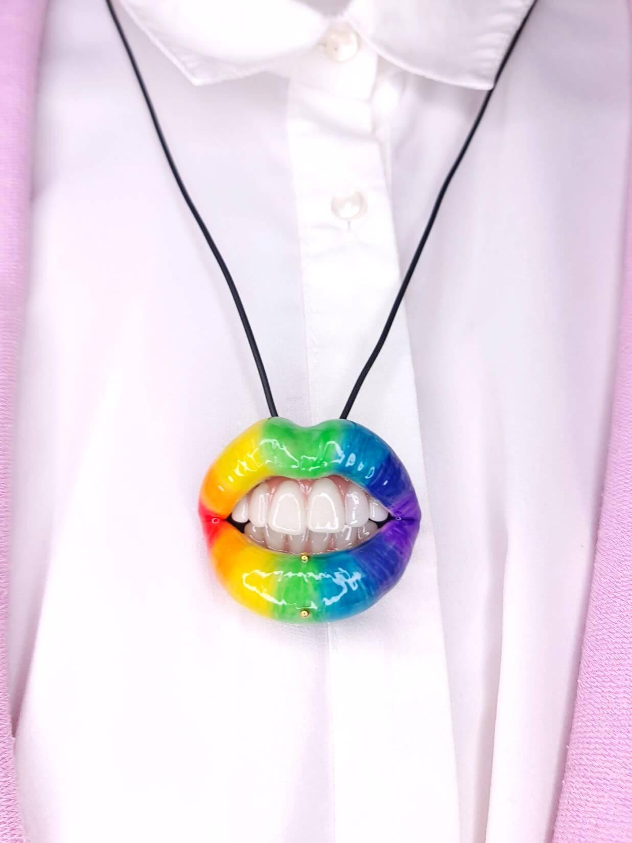 Rainbow Lips , With realistic teeth and gold piercing,  made with polymer clay and resin. A unique and eye-catching wearable art by ioArtStudio 