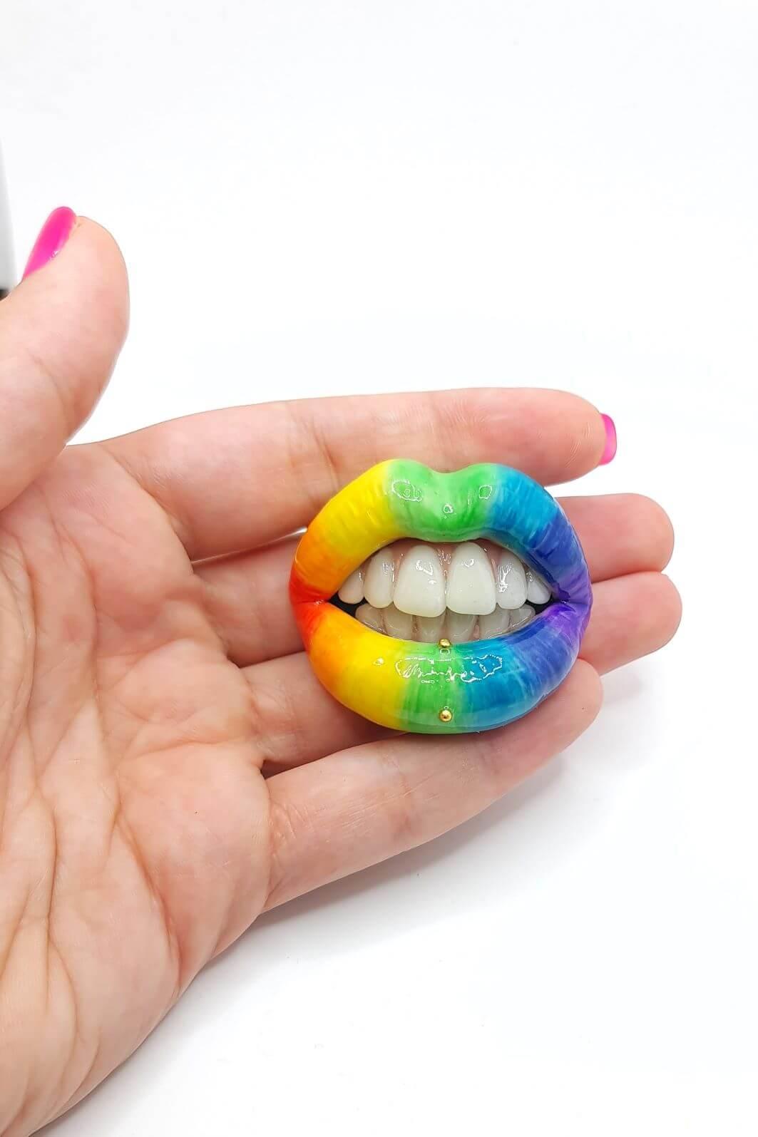 Rainbow Lips , With realistic teeth and gold piercing,  made with polymer clay and resin. A unique and eye-catching wearable art by ioArtStudio 