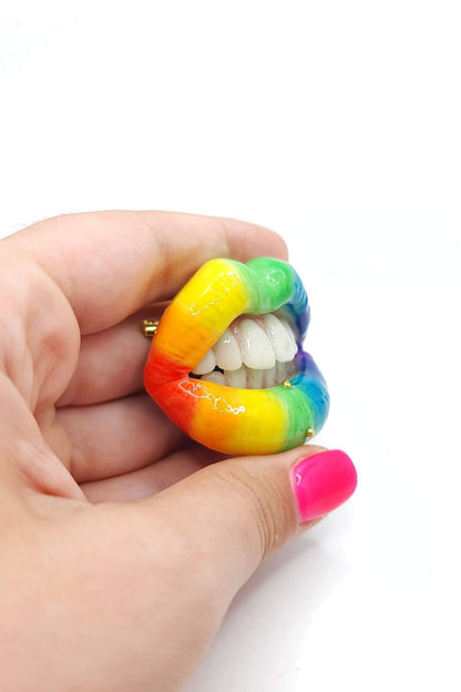 Rainbow Lips , With realistic teeth and gold piercing,  made with polymer clay and resin. A unique and eye-catching wearable art by ioArtStudio 