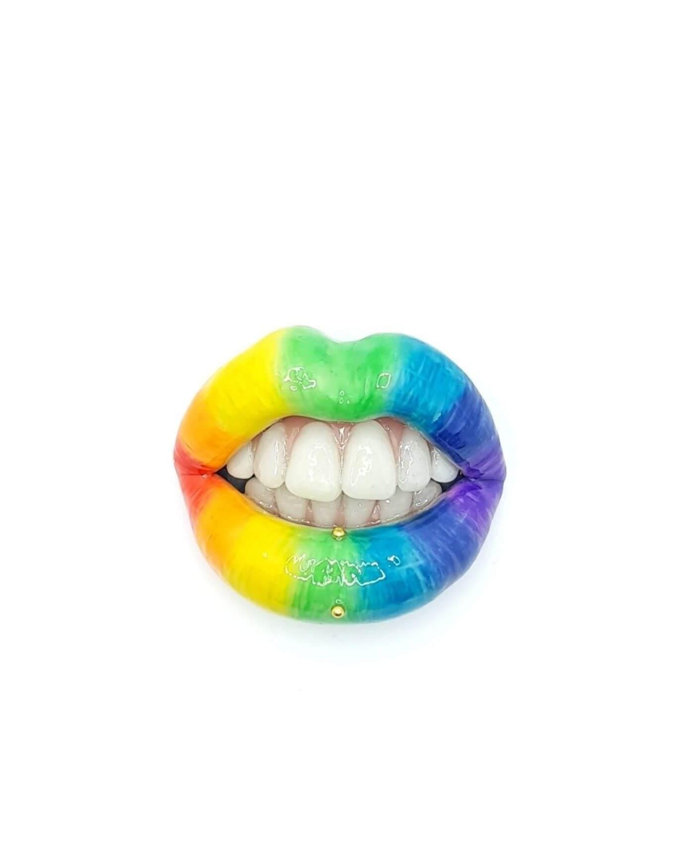 Rainbow Lips , With realistic teeth and gold piercing,  made with polymer clay and resin. A unique and eye-catching wearable art by ioArtStudio 