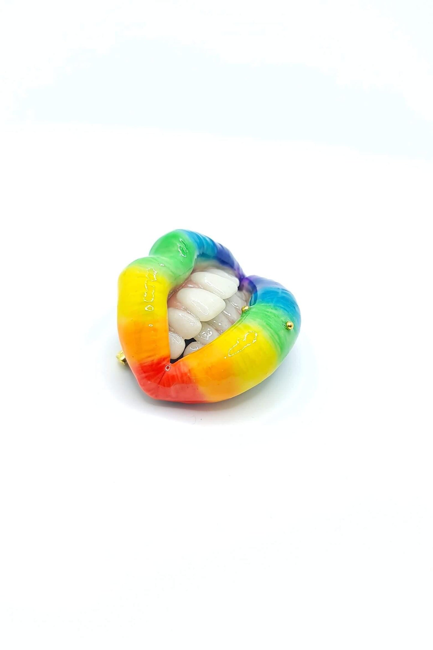 Rainbow Lips , With realistic teeth and gold piercing,  made with polymer clay and resin. A unique and eye-catching wearable art by ioArtStudio 