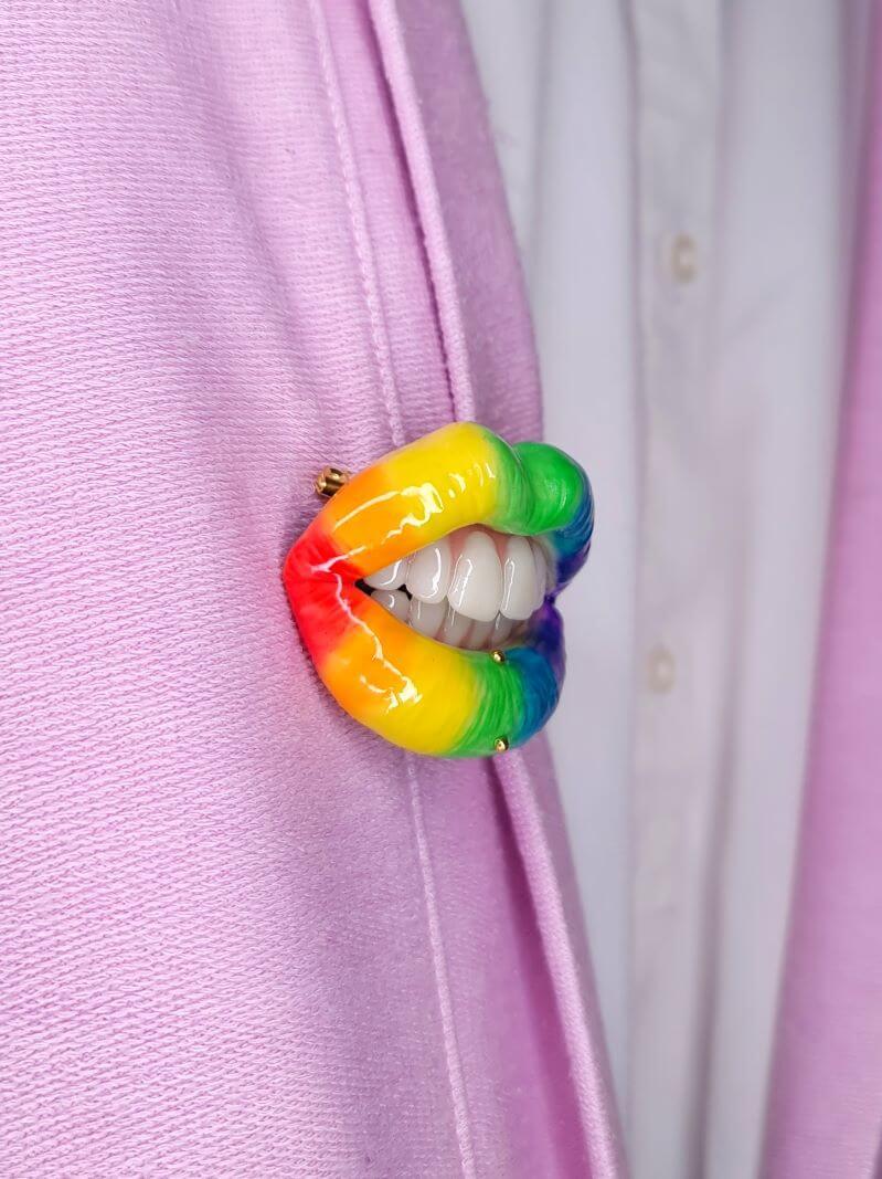 Rainbow Lips , With realistic teeth and gold piercing,  made with polymer clay and resin. A unique and eye-catching wearable art by ioArtStudio 