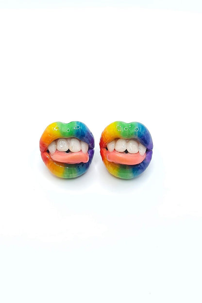 Rainbow Lips Stud Earrings and  Collar Pins , expertly handmade from polymer clay by ioArtStudio