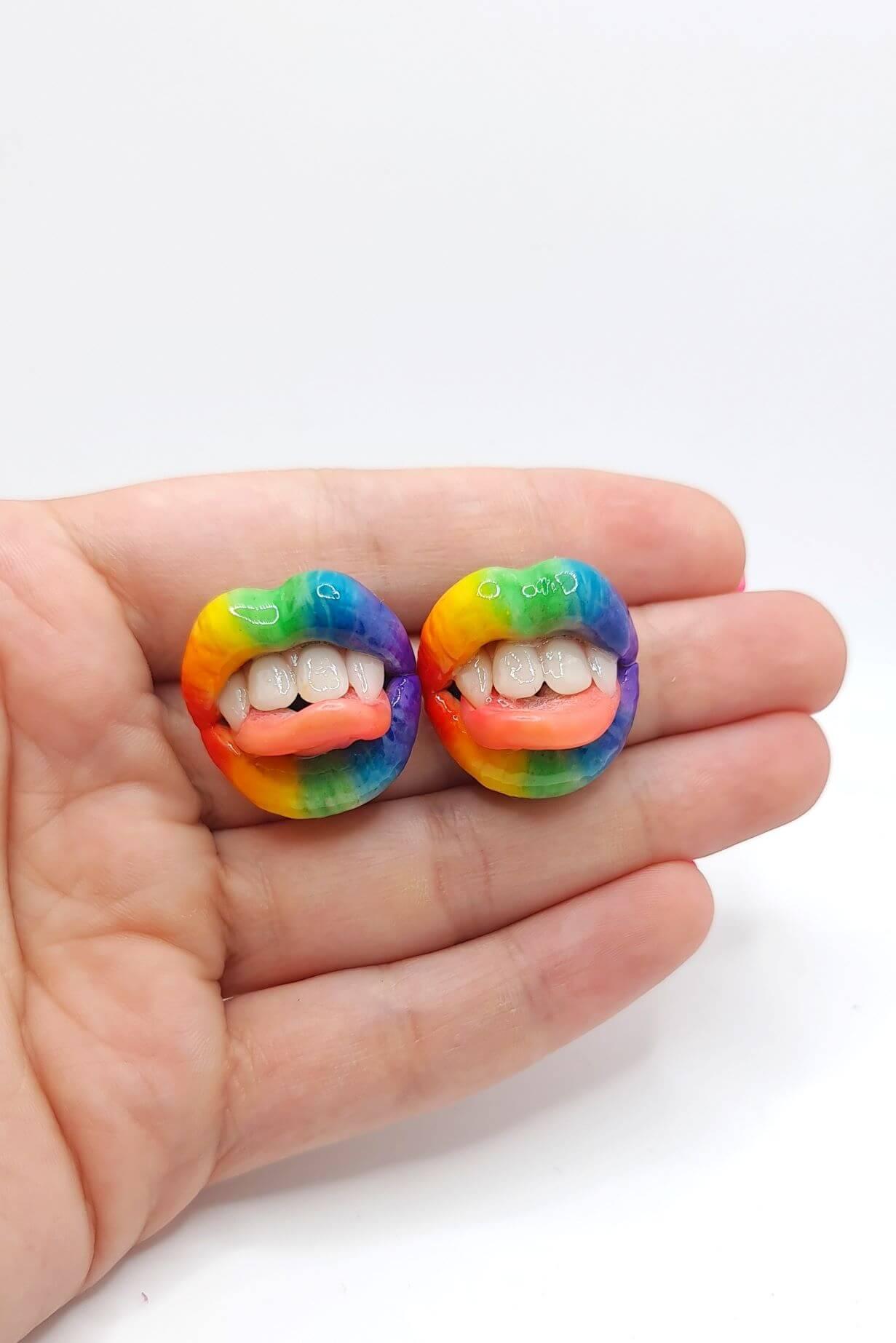 Rainbow Lips Stud Earrings and  Collar Pins , expertly handmade from polymer clay by ioArtStudio