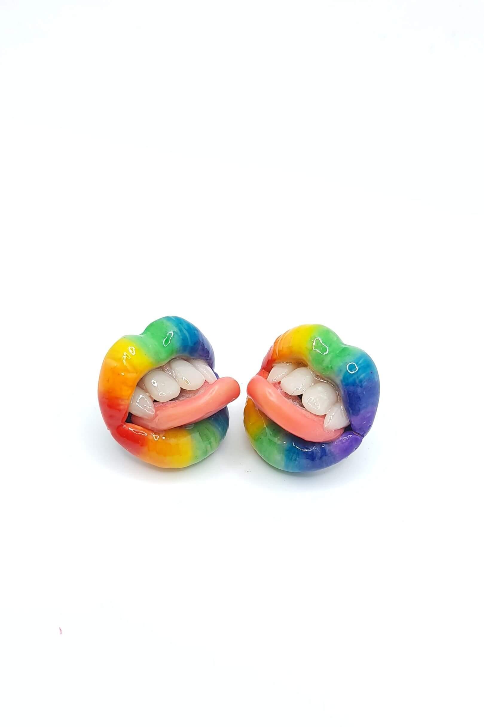 Rainbow Lips Stud Earrings and  Collar Pins , expertly handmade from polymer clay by ioArtStudio