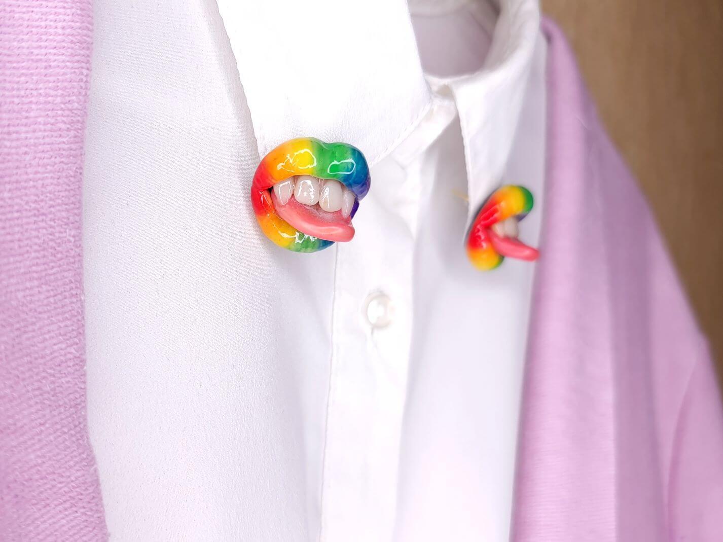 Rainbow Lips Stud Earrings and  Collar Pins , expertly handmade from polymer clay by ioArtStudio