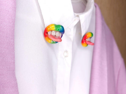 Rainbow Lips Stud Earrings and  Collar Pins , expertly handmade from polymer clay by ioArtStudio