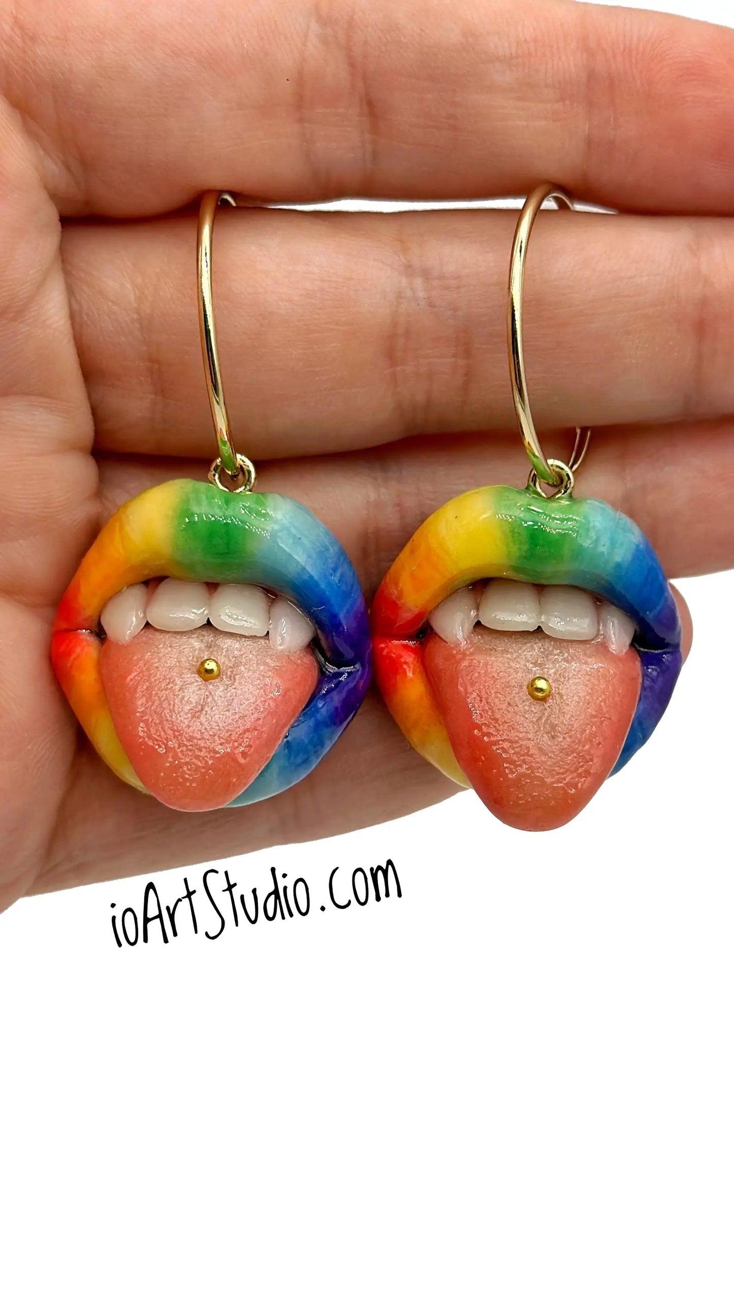 Rainbow Lips with Fang Teeth  Dangle Earrings  handmade wearable art piece, crafted from polymer clay  by ioArtStudio