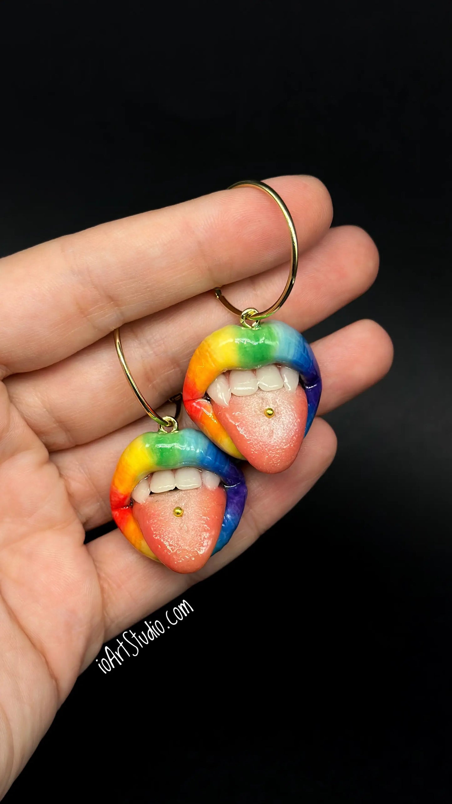 Rainbow Lips with Fang Teeth  Dangle Earrings  handmade wearable art piece, crafted from polymer clay  by ioArtStudio