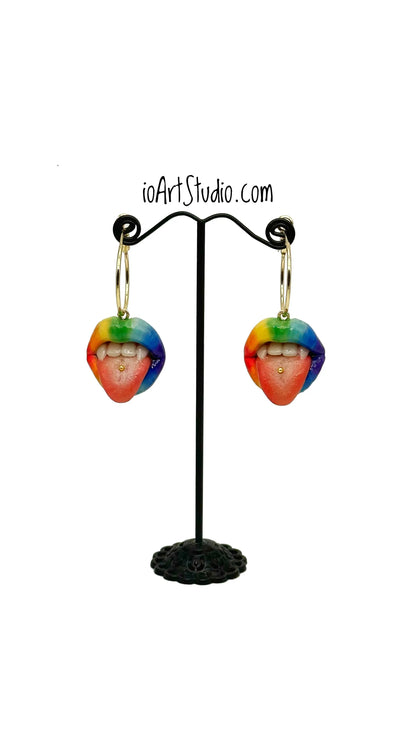 Rainbow Lips with Fang Teeth  Dangle Earrings  handmade wearable art piece, crafted from polymer clay  by ioArtStudio