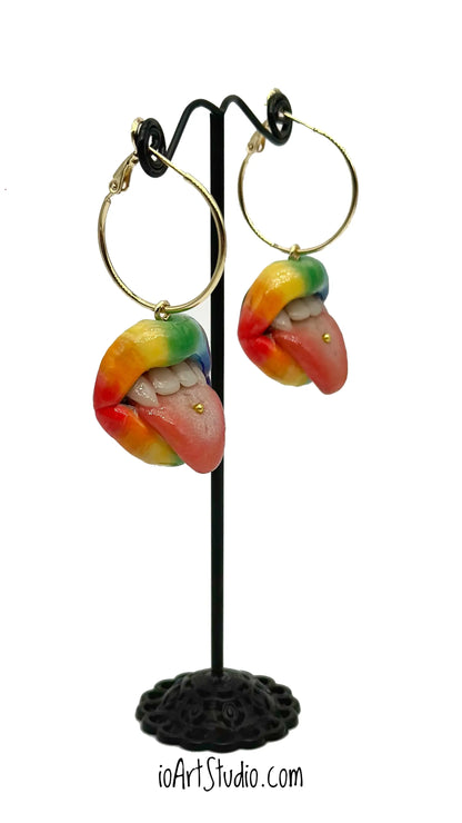 Rainbow Lips with Fang Teeth  Dangle Earrings  handmade wearable art piece, crafted from polymer clay  by ioArtStudio