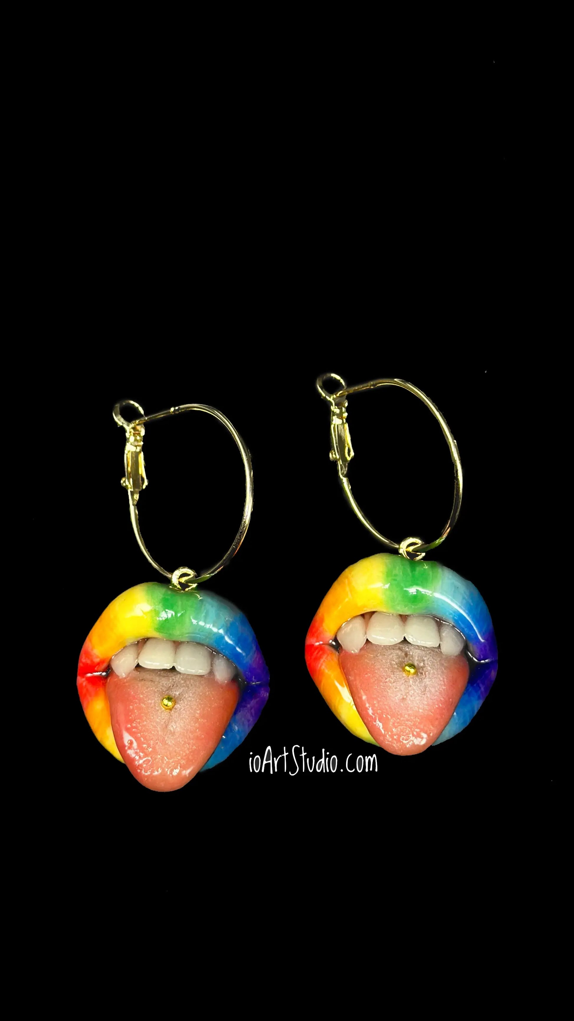 Rainbow Lips with Fang Teeth  Dangle Earrings  handmade wearable art piece, crafted from polymer clay  by ioArtStudio