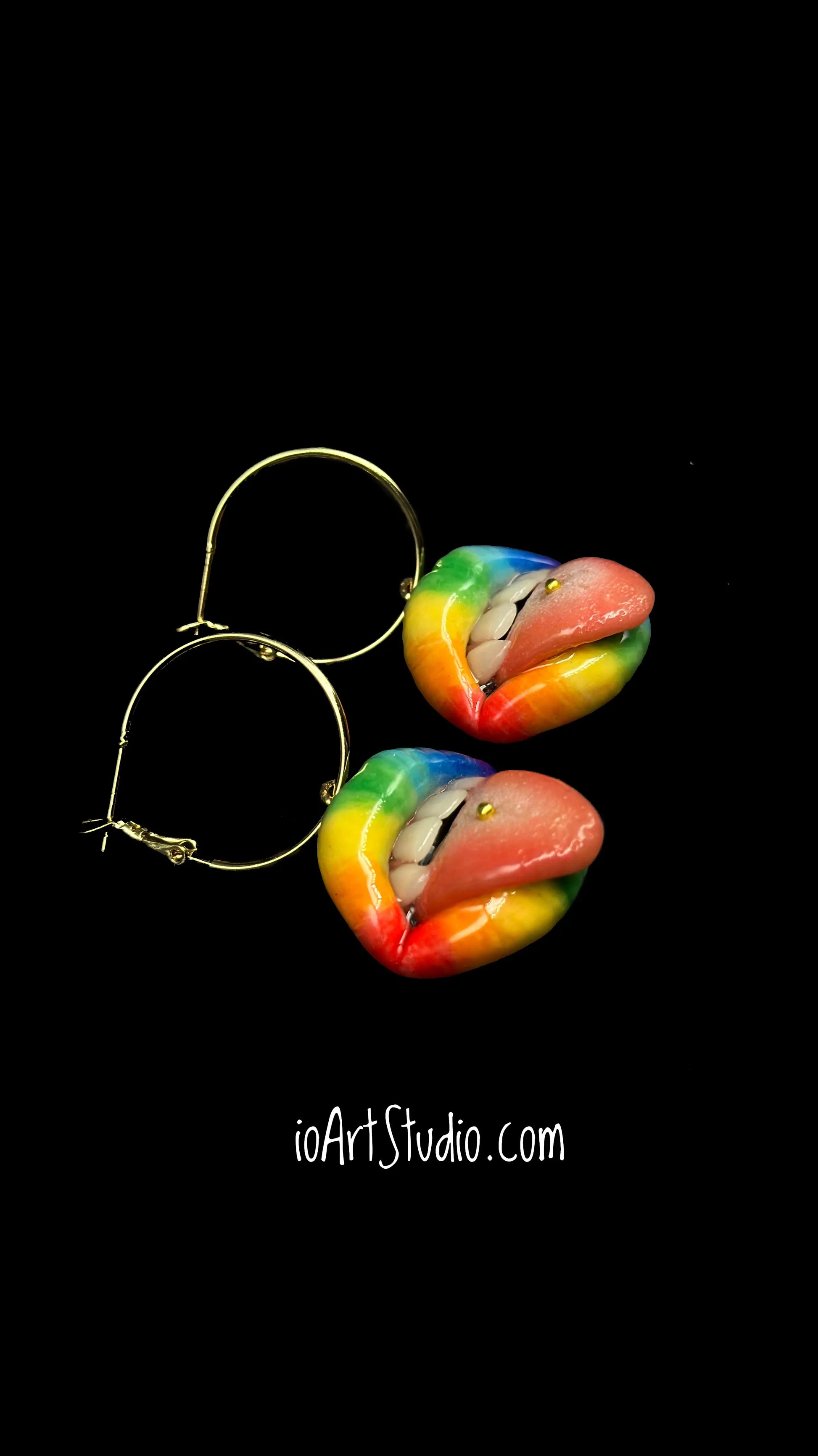 Rainbow Lips with Fang Teeth  Dangle Earrings  handmade wearable art piece, crafted from polymer clay  by ioArtStudio