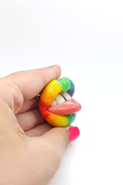 Rainbow Lips with Teeth Gap,  made with polymer clay and resin. A unique and eye-catching wearable art by ioArtStudio 