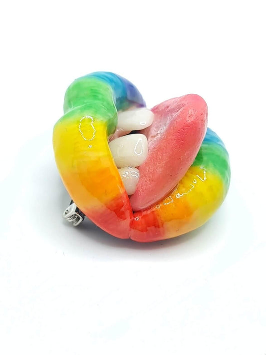 Rainbow Lips with Teeth Gap,  made with polymer clay and resin. A unique and eye-catching wearable art by ioArtStudio 