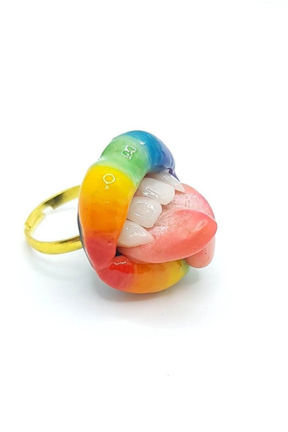 Rainbow Ring - Lips with Split Tongue handmade polymer clay jewelry by ioArtStudio