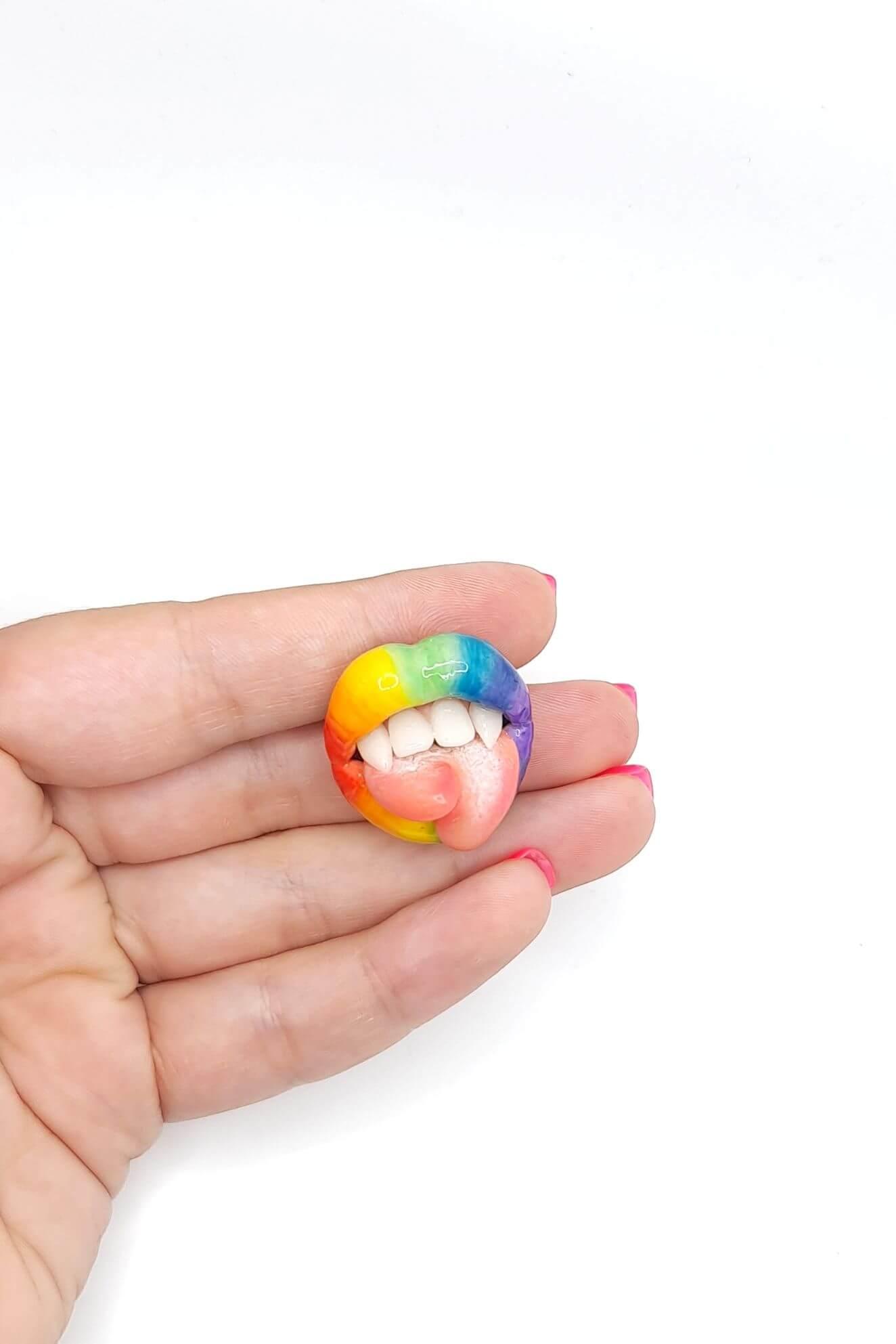 Rainbow Ring - Lips with Split Tongue handmade polymer clay jewelry by ioArtStudio