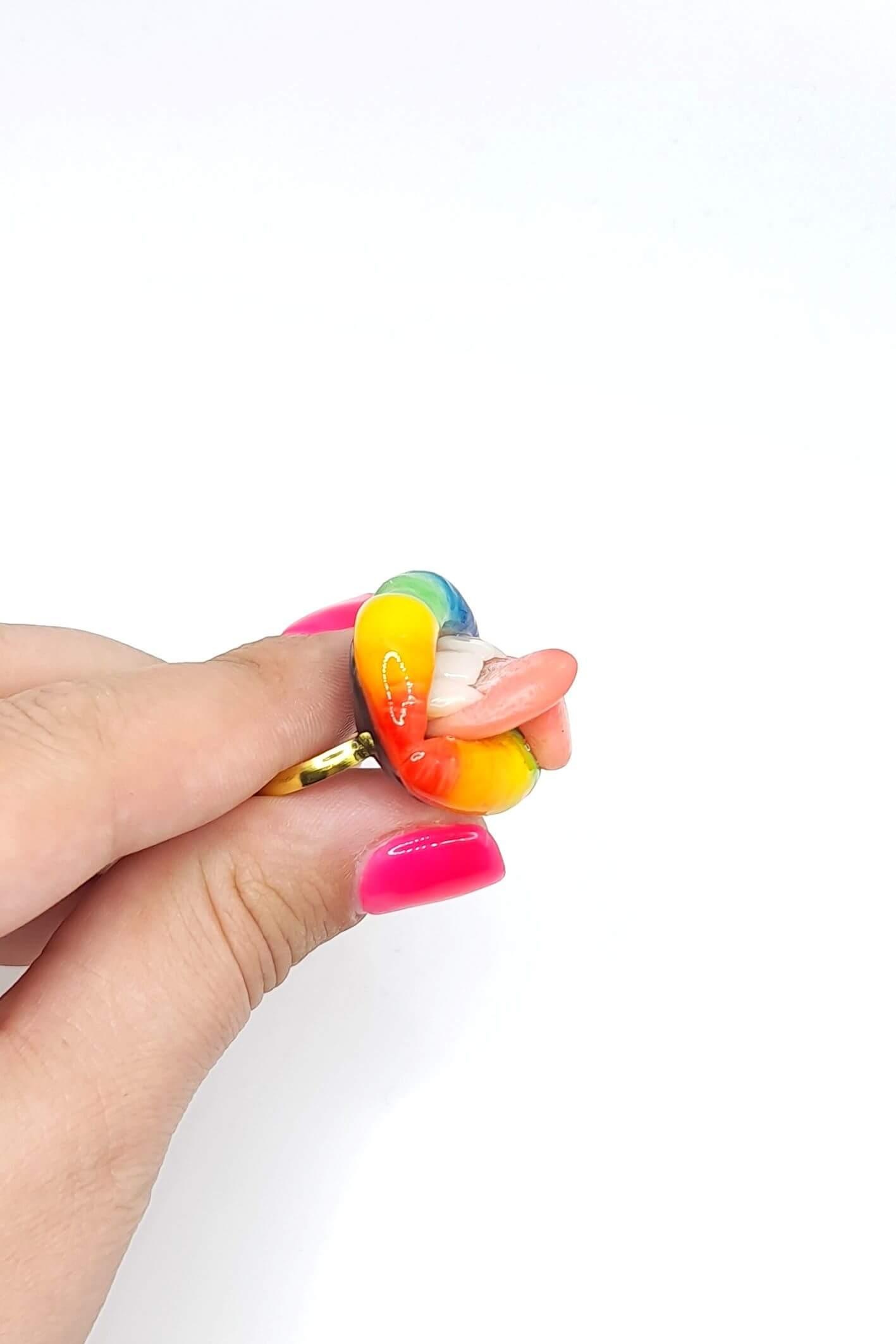 Rainbow Ring - Lips with Split Tongue handmade polymer clay jewelry by ioArtStudio