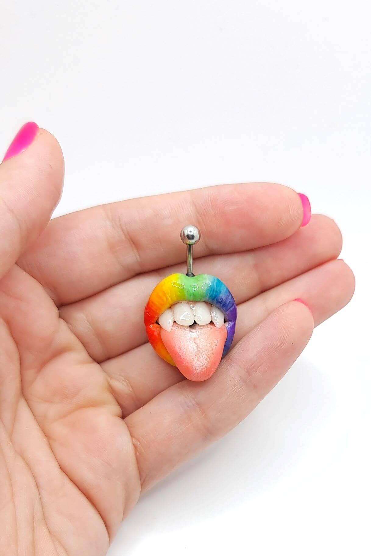 Rainbow lips  Belly Ring - handmade polymer clay wearable art by ioArtStudio