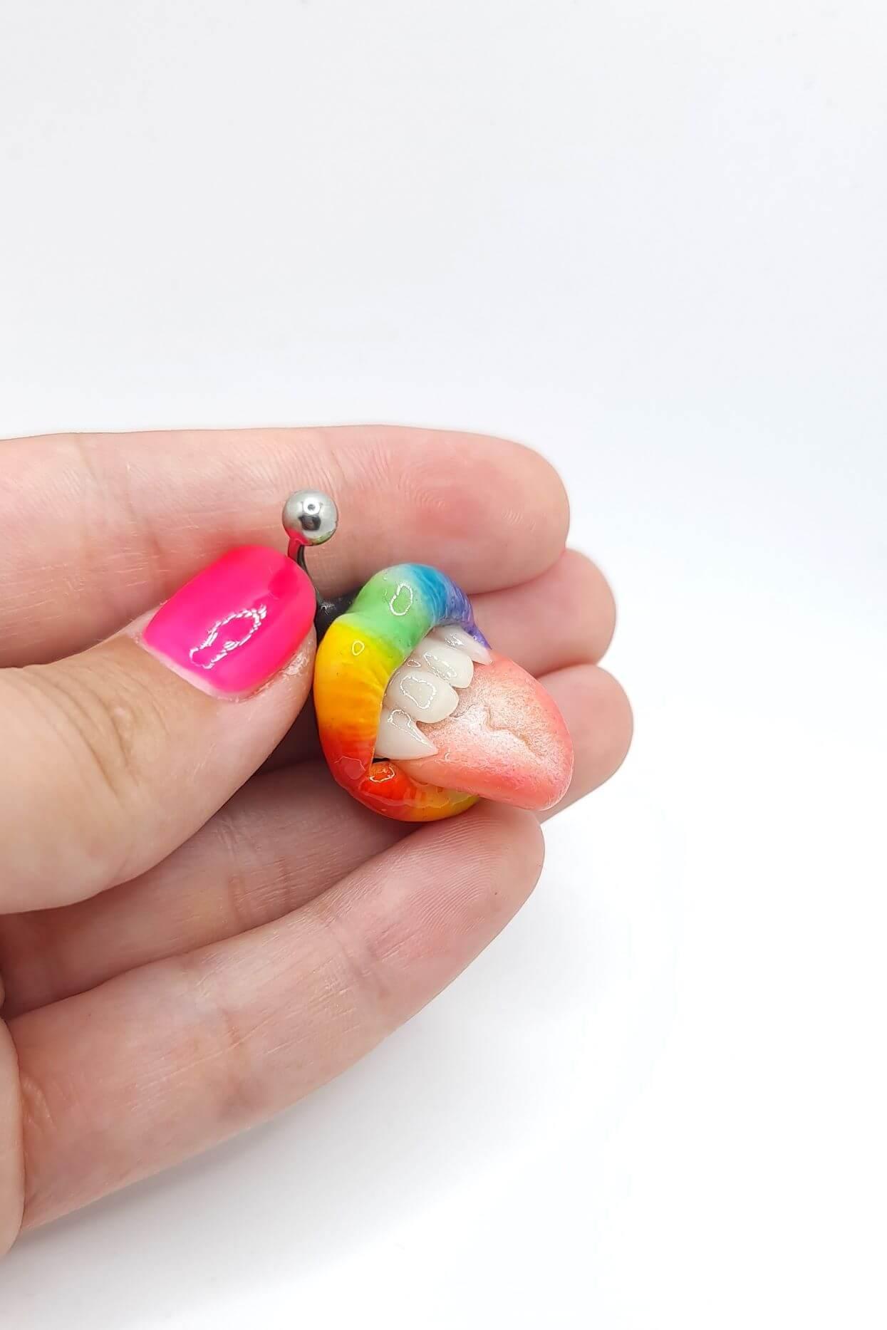 Rainbow lips  Belly Ring - handmade polymer clay wearable art by ioArtStudio