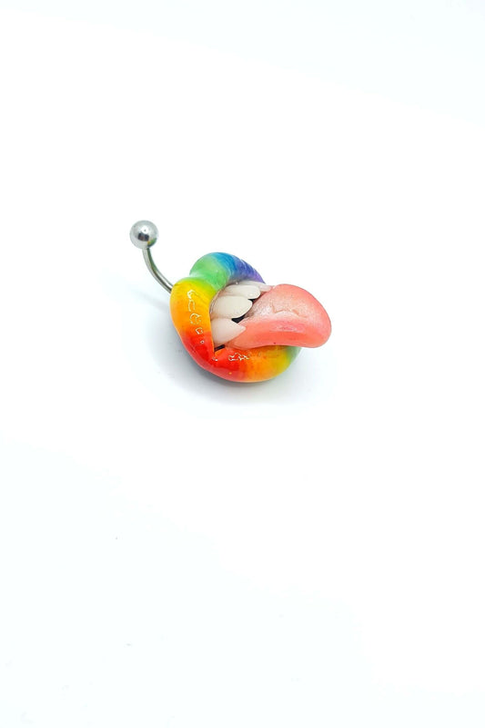 Rainbow lips  Belly Ring - handmade polymer clay wearable art by ioArtStudio