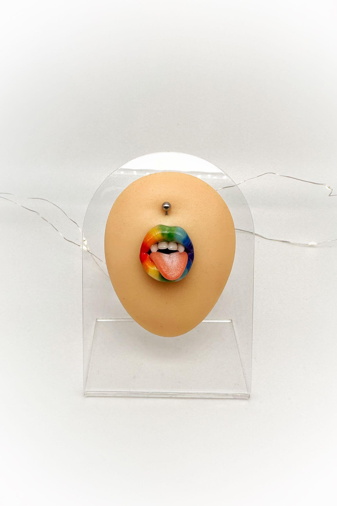 Rainbow lips  Belly Ring - handmade polymer clay wearable art by ioArtStudio